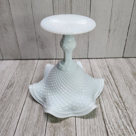 Vtg Light Blue Tone Milk Glass Compote Candy Dish Hobnail Ruffled Pedestal 6'' - Picture 5 of 8